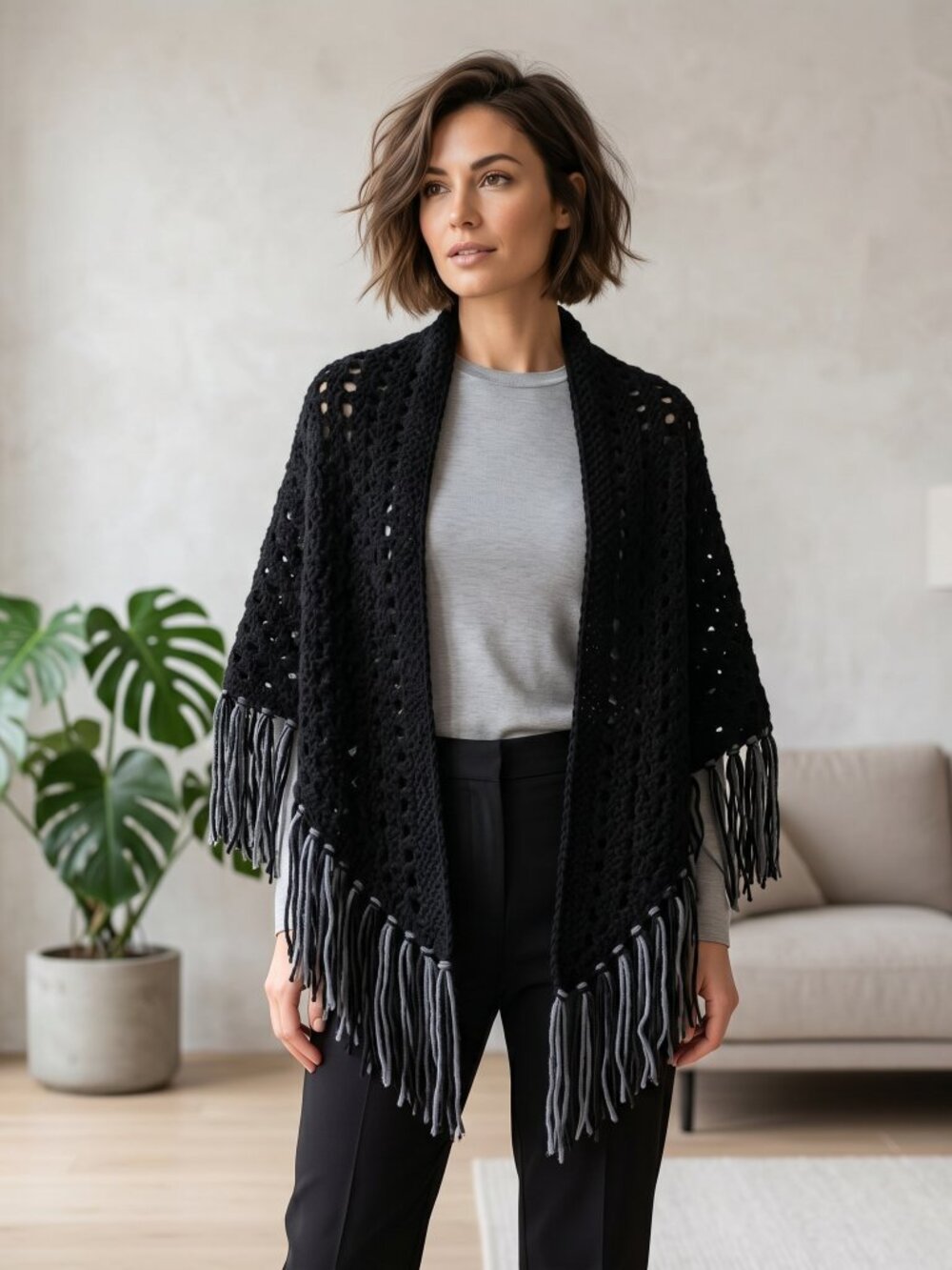 NEW Black Hand Knit Shawl Wrap Boho Hippie Fringe Whimsigoth Art Indie Cottage